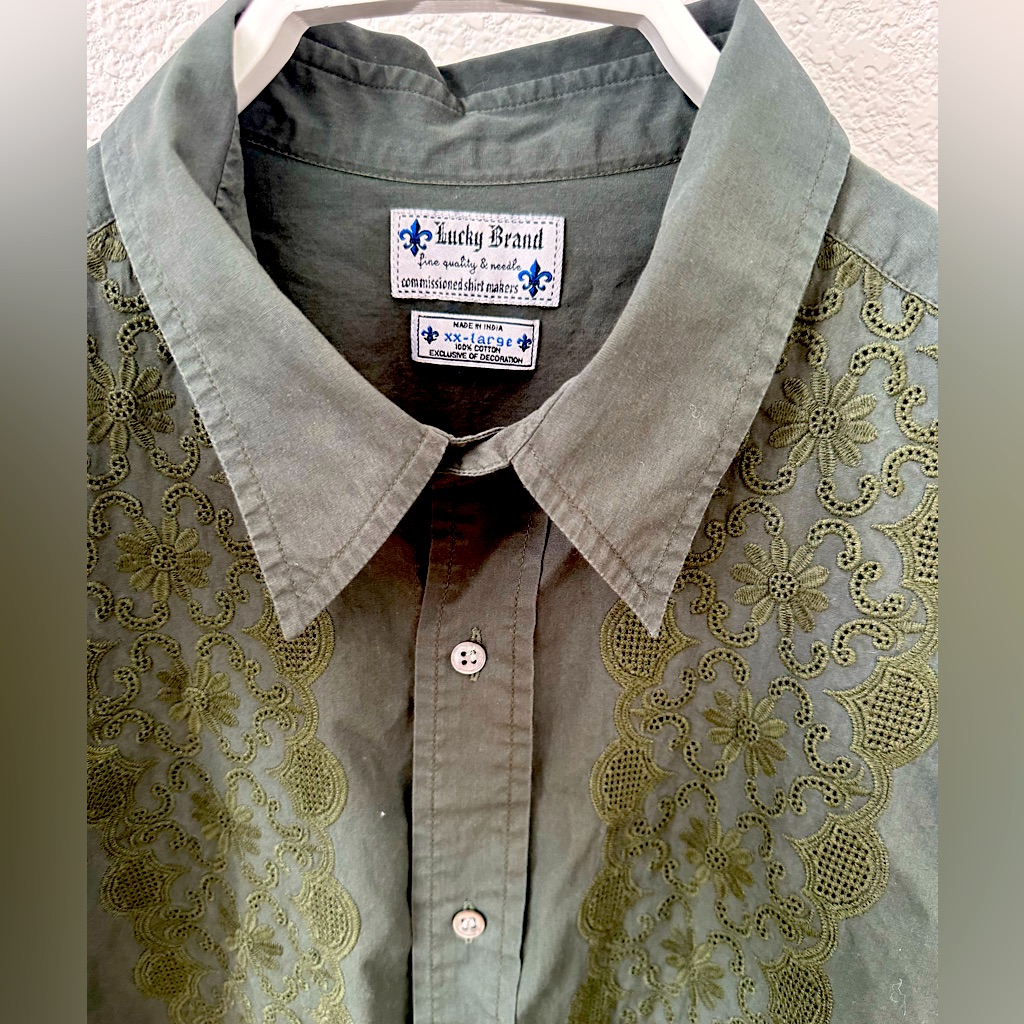 Unique Vintage Lucky Brand Shirt Mens Xxlarge Dark Green Long Sleeve Button Up